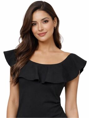 Tuckernuck Blouse Women's Medium Black Stretch Off Shoulder Ruffle Casual Top